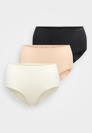 Három varrás nélküli női alsónadrág fekete, bézs és törtfehér színekben, átlósan egymásra helyezve, kis Tommy Hilfiger logókkal a derékrésznél.