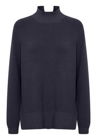 Pull en col roulé bleu marine avec une texture côtelée, des manches longues et un design court. Couleur unie sans motifs ni embellissements.