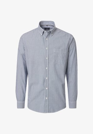 Overhemd met knopen, gemaakt van gestreepte stof in blauw en wit. Heeft een kraag, lange mouwen en een borstzak met een enkele lijnstiksel.