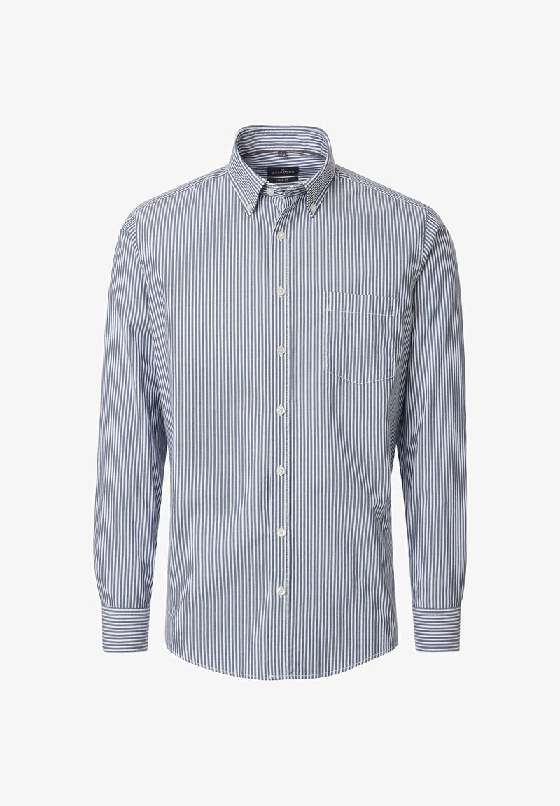 Button-up shirt made of striped fabric in blue and white. Features a collar, long sleeves, and a chest pocket with a single line stitch.