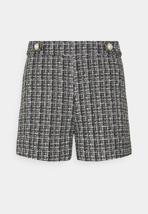 Lyhyet mustavalkoiset tweed-shortsit, joissa on tekstuurinen kuviointi, suora leikkaus ja kaksi helmiäisnappia vyötäröllä.