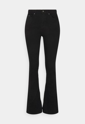 Jean évasé noir à taille haute, fabriqué en un doux mélange de coton. Comprend des poches avant, une fermeture à bouton en métal et des détails de couture subtils.