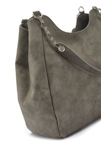 Gray faux suede handbag with a curved shape, silver chain accents, and a detachable strap, featuring a soft texture and clean lines.