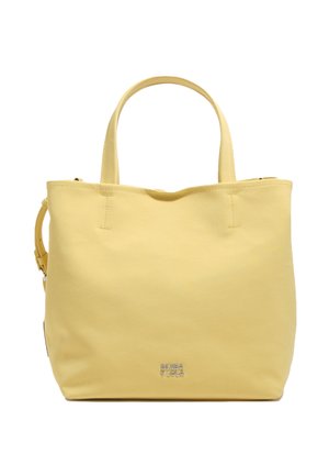 Bolso tote de cuero amarillo con dos asas, diseño minimalista y pequeño logo plateado "BIMBA Y LOLA" cerca del centro inferior.