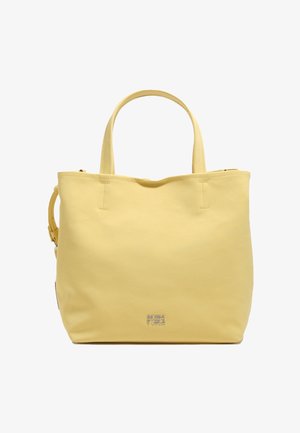 Yellow leather tote bag with two handles, minimal design, and small silver "BIMBA Y LOLA" logo near the bottom center.