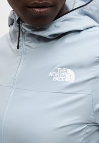 Κλείσιμο εικόνας ενός ατόμου που φοράει ένα ανοιχτό μπλε μπουφάν North Face με το λογότυπο ορατό στο στήθος και φερμουάρ στο γιακά.