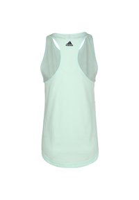 Top senza maniche di un leggero verde menta, realizzato in tessuto morbido con design racerback; presenta un piccolo logo Adidas nero sul retro.