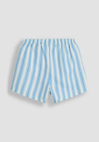 Shorts cu dungi albastre și albe, realizate dintr-un material ușor, având un elastic în talie și o croială lejeră, ideale pentru purtarea casual.