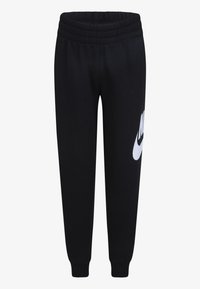 Juodi sportiniai treningai su elastinga juosmens juosta ir siaurėjančiais rankogaliais, su dideliu baltu Nike logotipu kairiajame šlaunyje. Pagaminti iš minkštos medžiagos.