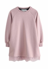 Rosa sweatshirtklänning med lång ärm, rund halsringning, ribbade ärmslut och en detaljerad nederkant i spets för extra textur. "ALLSAINTS"-logotyp präglad på bröstet.