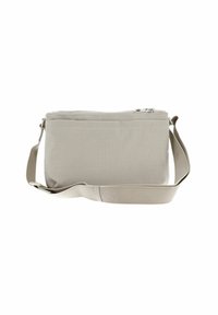 Borsa a tracolla rettangolare beige in tessuto testurizzato, con chiusura a zip superiore e tracolla regolabile. Design minimalista.
