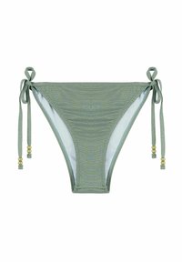 Bas de bikini vert avec strings à nouer, doté d'un léger éclat, d'une doublure douce et de perles décoratives sur les attaches.