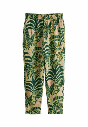 Světlé béžové kalhoty s potiskem tropických palmových listů v zelené a žluté barvě, s elastickým pasem a zúženými lemy nohavic.