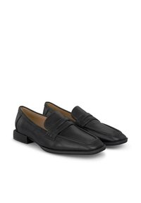 Schwarze Lederloafer mit flachem Absatz, rechteckiger Zehenform und einem genähten Band über dem Rist. Glatte Textur und schlichte Designdetails.