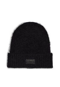 Berretto a maglia nero con risvolto a coste, realizzato in morbida lana. Presenta un piccolo etichetta in pelle rettangolare con logo del marchio in rilievo.