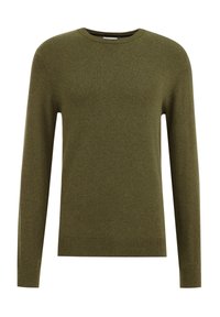 Olivově zelený svetr, kulatý výstřih, dlouhé rukávy, vyrobený z měkké tkaniny s hladkou strukturou a žebrovanými manžetami a lemem.