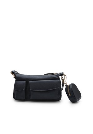 Black leather crossbody bag with three front pockets and a detachable coin pouch. Features gold-tone hardware and soft texture.