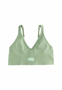 Roheline soonikkoes bralette, millel on V-kaelus ja reguleeritavad rihmad. Alumises osas on kangast logomärk. Pehme tekstuur.