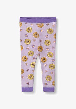 Leggings aus lavendelfarbenem Baumwollstoff mit einem Sonnenblumen- und Blumenmuster. Mit einem einfarbigen lila Bund und Bündchen. Weiches, dehnbares Material.
