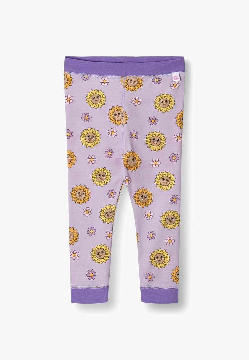 Lagana hlače u lavandi od pamuka s uzorkom suncokreta i cvijeća. Imaju čvrsti ljubičasti pojas i rukave. Mekani, rastezljivi materijal.