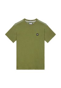 Olivengrøn bomulds t-shirt med korte ærmer, rund halsudskæring, subtil tekstur og et lille sort firkantet logo på brystet.