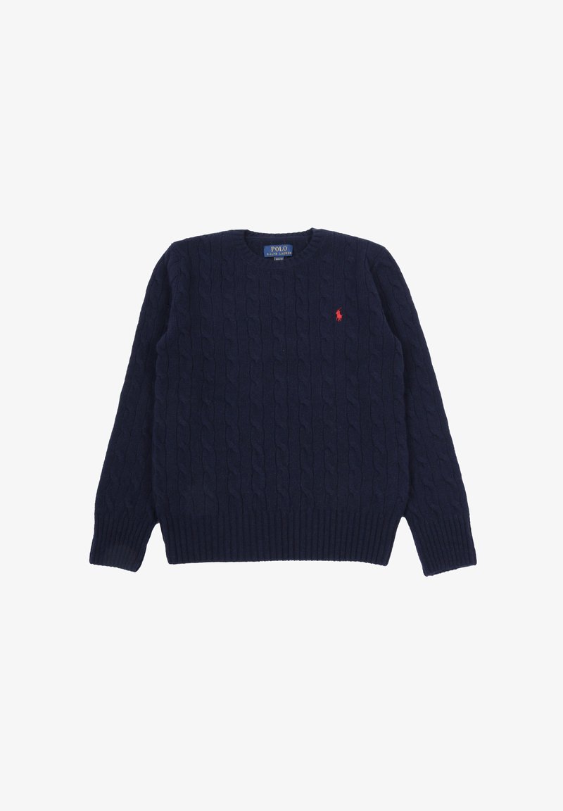 Maglione blu navy a trecce realizzato in materiale lavorato a maglia, con un colletto a girocollo a coste e polsini, e un piccolo logo polo rosso sul petto.