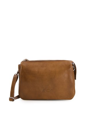 Brown leather crossbody bag with a smooth texture, zip closure, and adjustable strap. Features the "VENEZIA" logo embossed on the front.