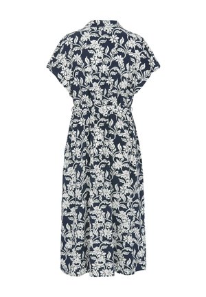 Marineblauwe midi-jurk met korte mouwen, een getailleerde taille en een wit bloem- en bladpatroon over het hele kledingstuk.