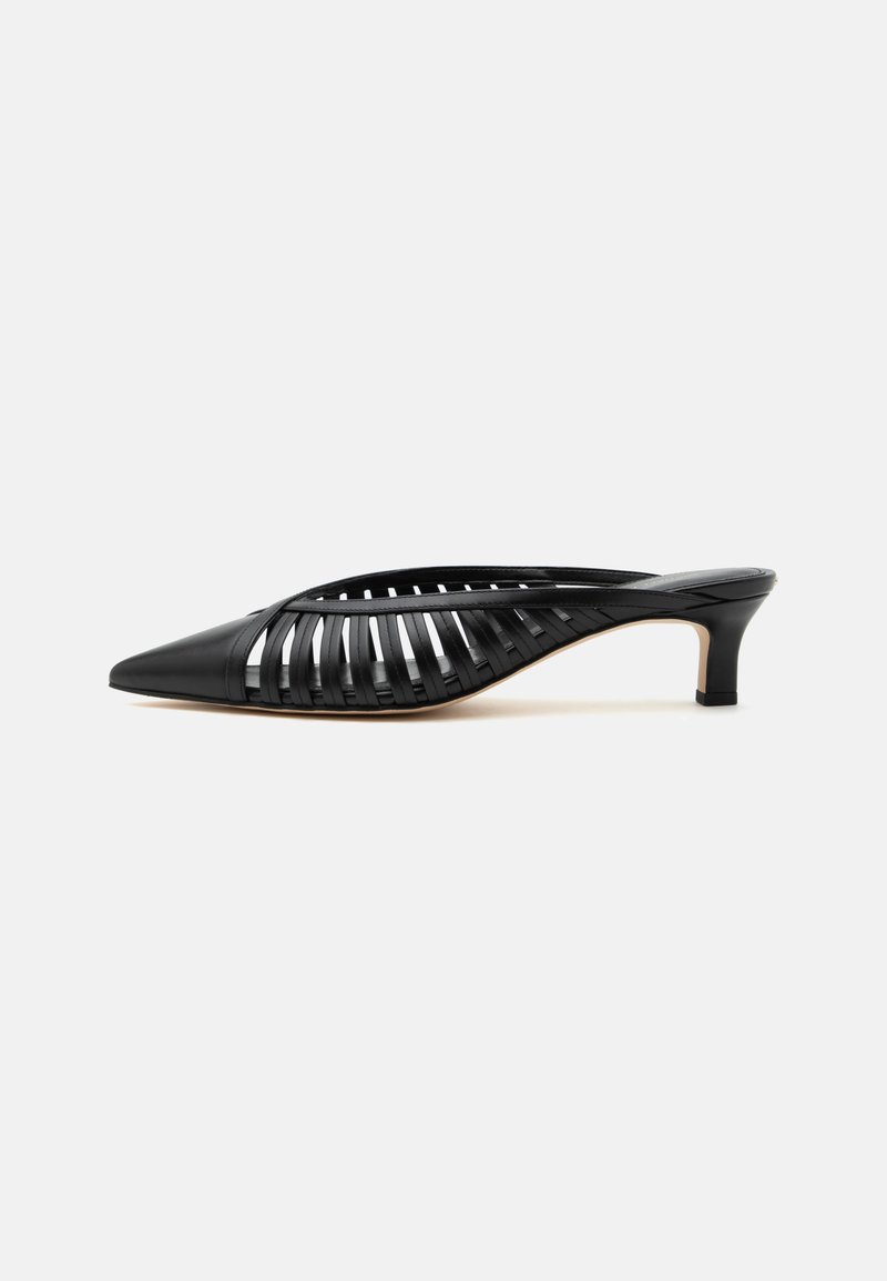 Mule en cuir noir avec bout pointu, design découpé à brides et petit talon kitten sur fond blanc.