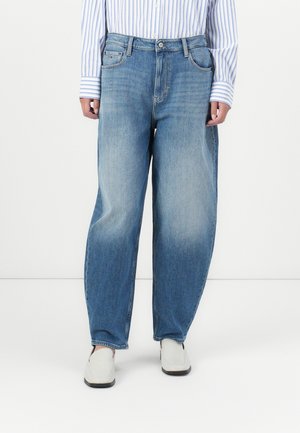 Light blue denim jeans with a relaxed fit, featuring a button closure, five pockets, and subtle fading on the legs.