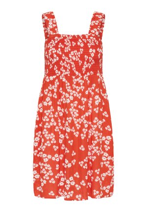 Abito rosso floreale con fiori bianchi, scollatura quadrata, spalline larghe, corpino arricciato e gonna fluente. Tessuto leggero, design casual.