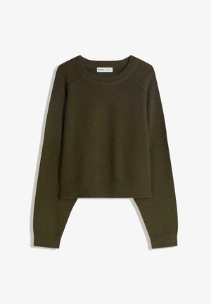 Olive green cropped sweater made from a soft, textured fabric. Features long sleeves and a rounded neckline with ribbed accents at the hem.