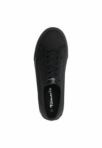 Black canvas sneaker featuring round toe, flat laces, and logo on the insole. Smooth texture with reinforced rubber sole. Size 37.
