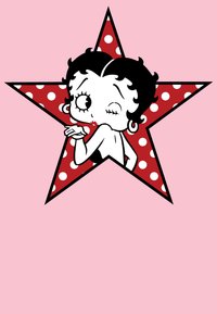 Kreslená postava s krátkými, kudrnatými černými vlasy, mrká a pózuje. Nastavena na červené hvězdě s puntíky na růžovém pozadí.