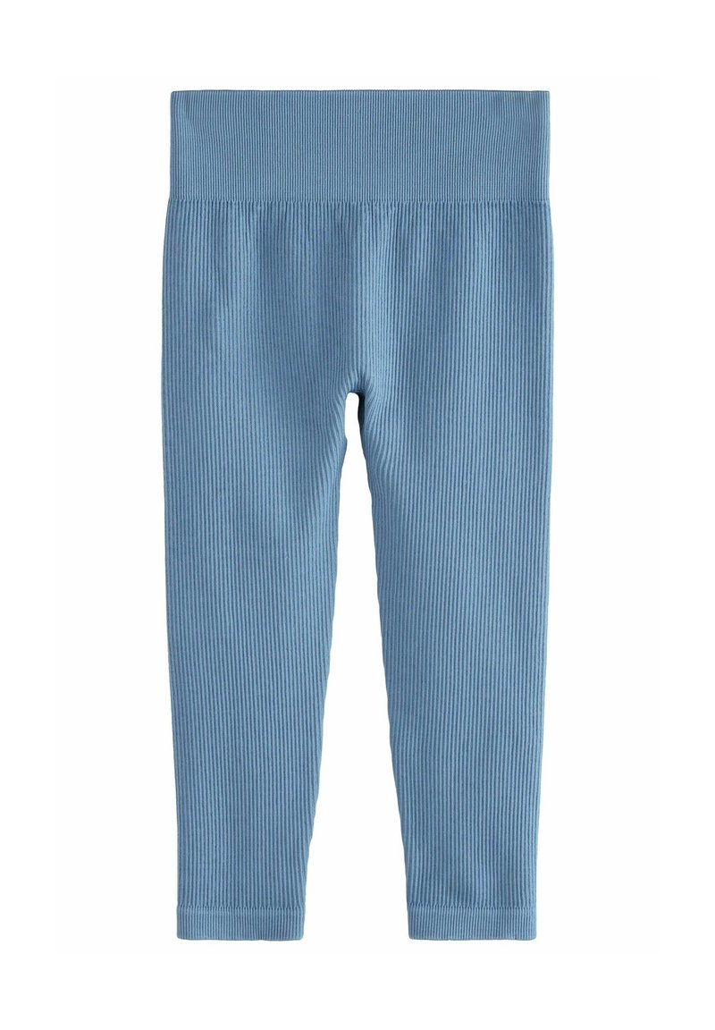 Leggings côtelés en bleu clair, avec une large ceinture élastique et une silhouette ajustée. Texture lisse avec un design à longueur de cheville.