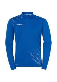 Blauw atletisch shirt met lange mouwen, halverwege de rits en hoge kraag. Heeft witte diagonale strepen op de linkerschouder en een logo op de borst.