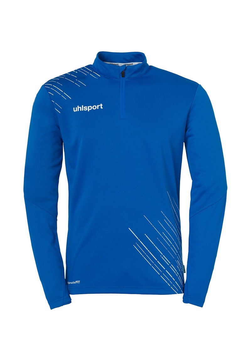 Blauw atletisch shirt met lange mouwen, halverwege de rits en hoge kraag. Heeft witte diagonale strepen op de linkerschouder en een logo op de borst.