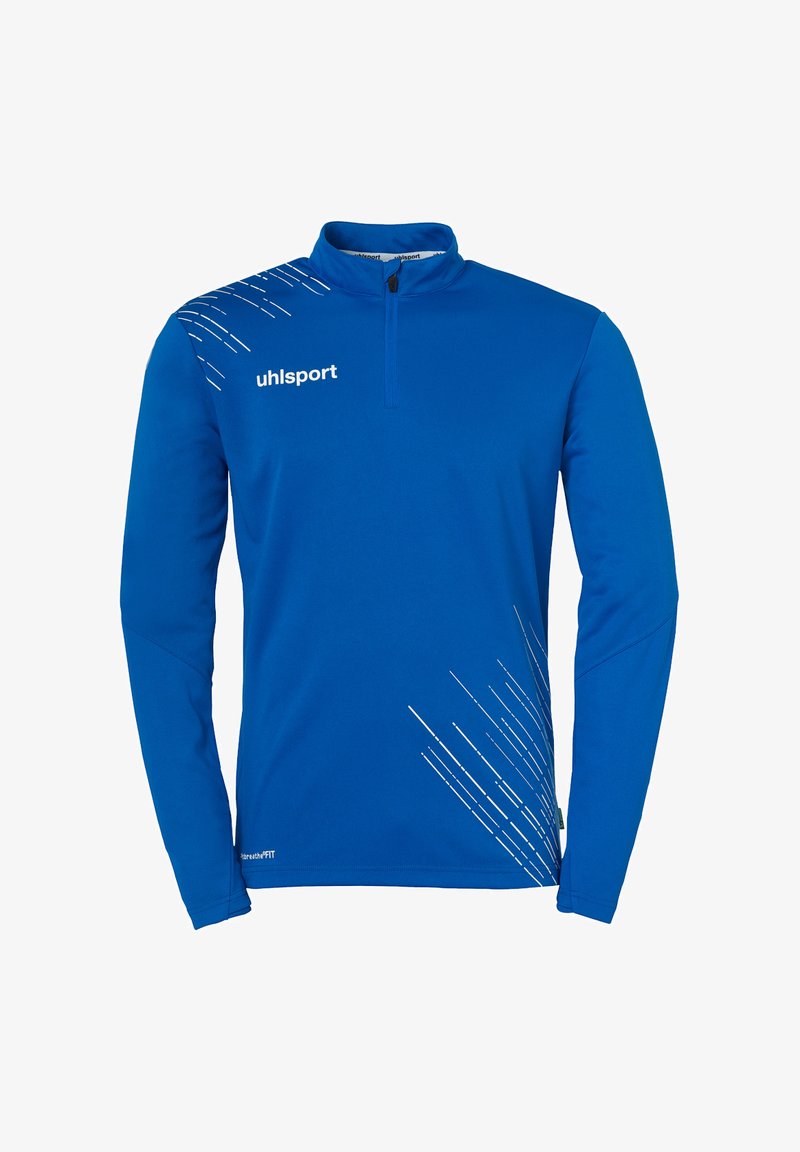 Blauw atletisch shirt met lange mouwen, halverwege de rits en hoge kraag. Heeft witte diagonale strepen op de linkerschouder en een logo op de borst.