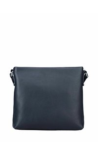 Sac bandoulière en cuir, forme rectangulaire, surface texturée bleu marine foncé, bandoulière ajustable avec quincaillerie en métal, design minimaliste, sans logos visibles.