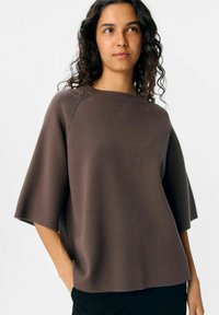 Pull brun à manches courtes avec une coupe décontractée, fabriqué à partir d'un tissu doux. Encolure ronde et manches raglan, texture lisse avec un minimum de détails.