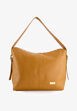Tan leather shoulder bag with a smooth texture, zip closure, and a single shoulder strap. Features a small gold logo plate on the side.