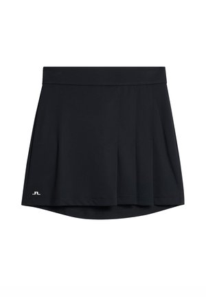 Black athletic skort with a wide waistband, pleated design, and logo in white. Made from a lightweight, flexible material suitable for sports.