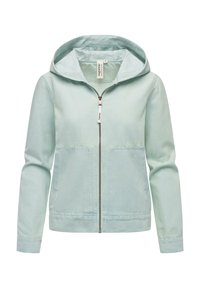 Giacca zip-up verde menta chiara con cappuccio, due tasche frontali e polsini a coste. Realizzata in tessuto liscio con una sottile texture.