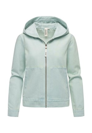 Világos mentazöld, kapucnis, cipzáros dzseki, két elülső zsebbel és bordázott mandzsettával. Simogatott anyagból készült, amelynek finom textúrája van.