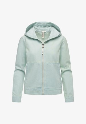 Jachetă verde mentă deschisă cu fermoar, cu glugă, două buzunare frontale și manșete cu nervuri. Fabricată dintr-un material neted cu o textură subtilă.