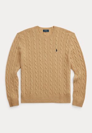 Suéter de punto grueso en beige claro. Presenta puños y dobladillo acanalados, cuello redondo y un pequeño logo en navy en el pecho. Material suave de mezcla de lana.