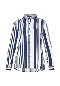 Camicia a maniche lunghe a righe in navy e bianco, con linee verticali. Presenta un colletto, chiusura con bottoni e un orlo arrotondato. Tessuto liscio.