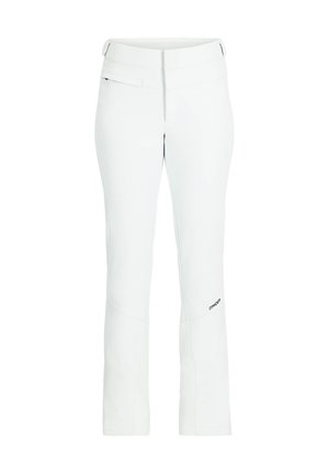 Witte skibroek met een gladde textuur, rechte pijpdesign en een klein zwart logo op de onderzijde van de pijp. Heeft een platte tailleband met een rits.