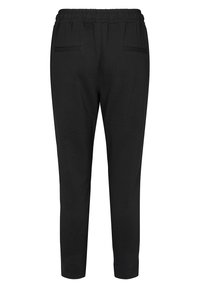 Black pants with an elastic waistband, featuring two back pockets and a tapered leg design. Made from a soft, stretchy fabric.