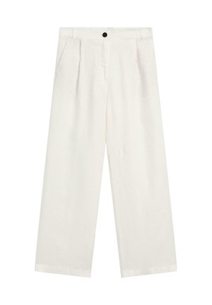 Witte linnen broek met een rechte pijp, voorzien van voorvouwen, een knoopsluiting en zijzakken. Soepele textuur.